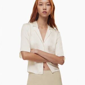 Aritzia Wilfred Beso Satin Short Sleeve Boxy Button Up Shirt Size Medium